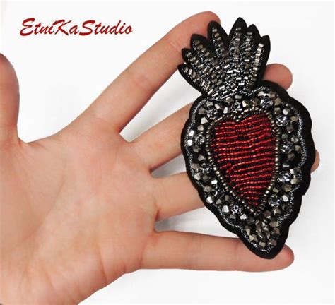 Milagro Heart D Rhinestone Beads Applique Patch Red And Gunmetal