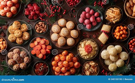 A Table With Traditional Lunar New Year Sweets And Snacks Stock Photo