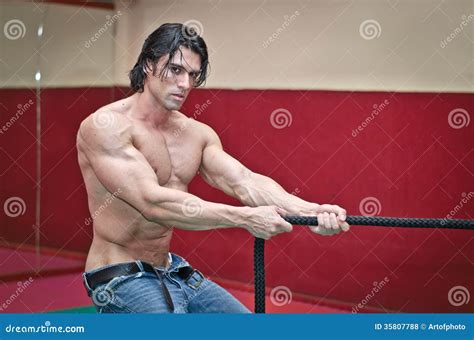 Handsome Shirtless Muscular Man Pulling Rope Stock Photo Image Of