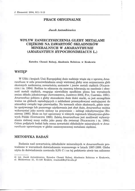 Pdf Wp Yw Zanieczyszczenia Gleby Metalami Ci Kimi Na Zawarto