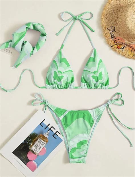 SHEIN Swim Vcay 3 piezas con estampado de mariposa Bañador bikini triángulo Pañuelo VERDE