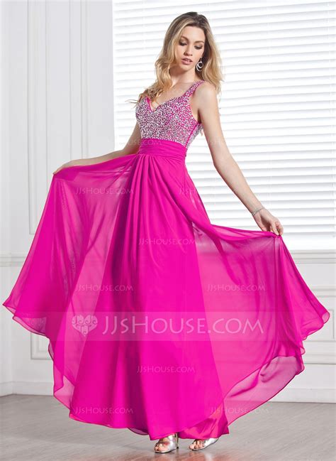 A Line Princess V Neck Floor Length Chiffon Prom Dress With Ruffle