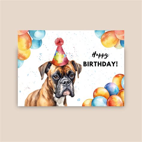 Boxer Birthday Card Happy Birthday Party Hat And Balloons Boxer Dog