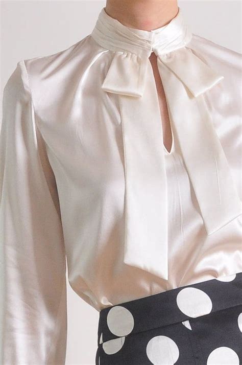 Luxury White Silk Satin Long Sleeves Bow Tie Blouse Shirt Bow Blouse