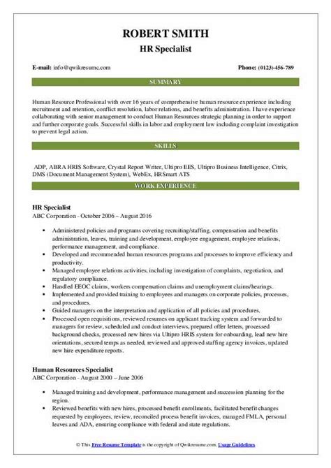 Human Resources Specialist Resume Samples Qwikresume