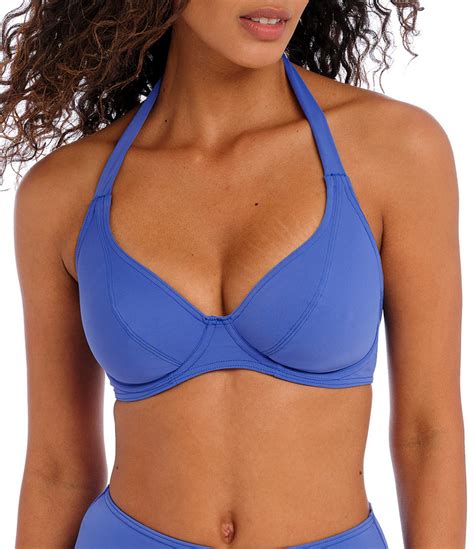 Freya Jewel Cove Solid Plunge V Neck Extended Bra Sizes Underwire Halter Tie Bikini Swim Top