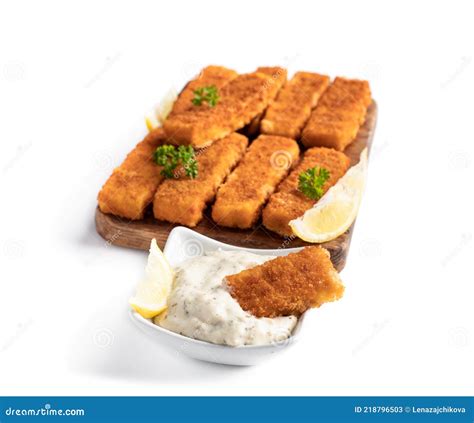 Fried Fish Fingers With Lemon And Sauce Tartare Isolated On White Stock