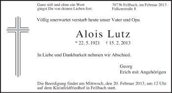 Traueranzeigen Von Alois Lutz Zeit Des Gedenkens De