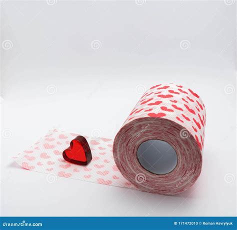 Toilet Paper With Hearts On A White Background And A Red Heart Stock