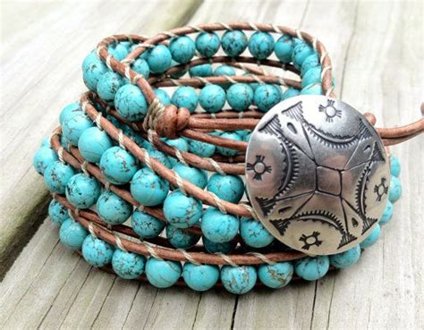 Turquoise Beaded Leather Wrap Bracelet 5x Wrap Ships Etsy Beaded