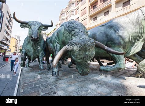 Famous Bull Running Through Streets Of Pamplonaspainjuly Festival
