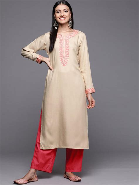 Buy Beige Embroidered Pashmina Wool Straight Kurta Online At Rs 449 Libas