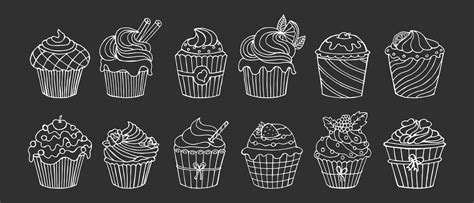 Set Of Hand Drawn Cupcakes And Lettering Sweet Land Linear Food Icons