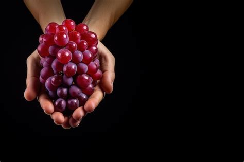 Mano Sosteniendo Un Ramo De Uvas Rojas Aisladas En Un Fondo Negro Con