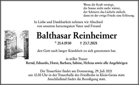 Traueranzeigen Von Balthasar Reinheimer Vrm Trauer De