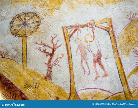 Two Persons Hanging In The Gallows Ancient Medieval Fresco Stock Image