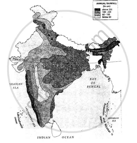 On An Outline Map Of India Show The Annual Distribution Of Rainfall