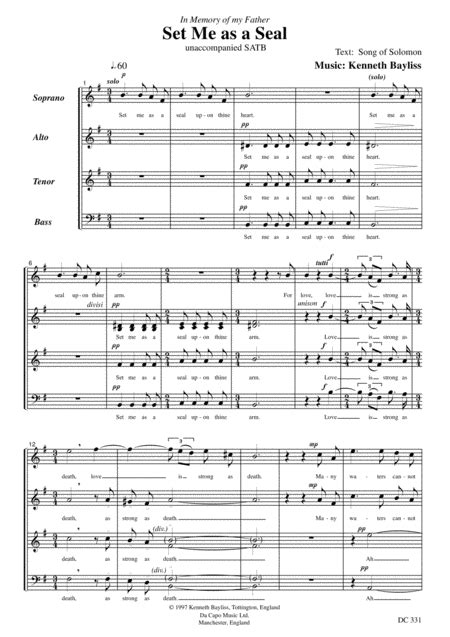 Set Me As A Seal For Satb Choir By Kenneth Bayliss Sheet Music For Satb Choir At Sheet Music Direct