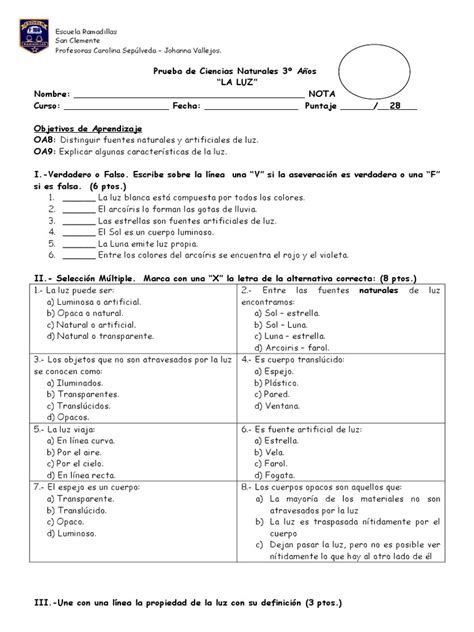 Prueba La Luz 3 Basico Pdf Arco Iris Ligero