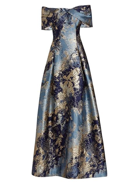 Teri Jon By Rickie Freeman Metallic Floral Jacquard Gown Evening