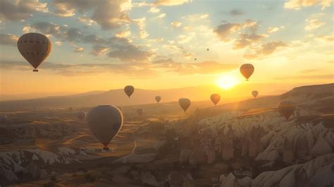 Hot Air Balloons Fly Over A Mountainous Landscape At Sunrise Premium AI Generated Image