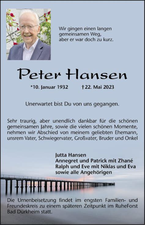 Traueranzeigen Von Peter Hansen Trauerportal Ihrer Tageszeitung