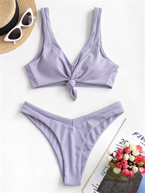 ZAFUL Ribbed Knot High Leg Bikini Swimsuit In LAVENDER BLUE ZAFUL 2024