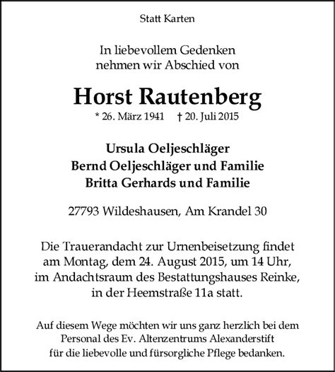 Traueranzeigen Von Horst Rautenberg Trauer Kreiszeitung De