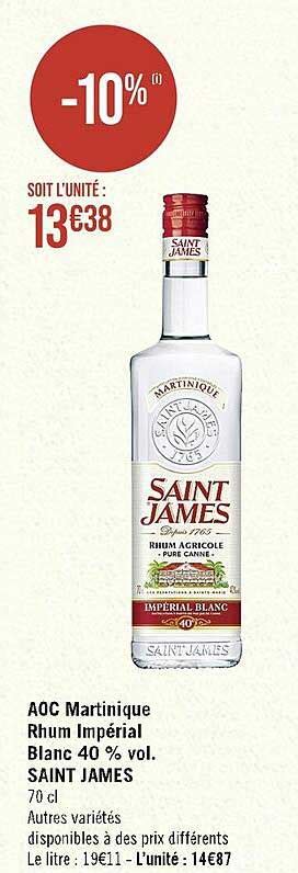 Promo Aoc Martinique Rhum Impérial Blanc 40 Vol saint James chez