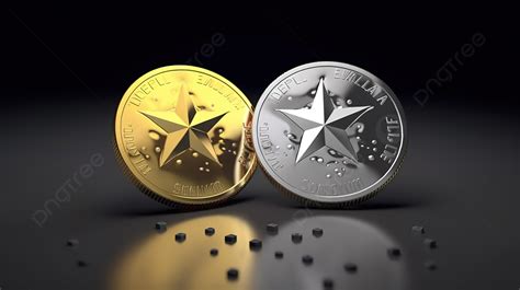 서로 위에 두 개의 동전과 별 만화 스타일의 3d 렌더링 오른쪽 보기 Cryptocurrency 별 또는 Xlm 금은화