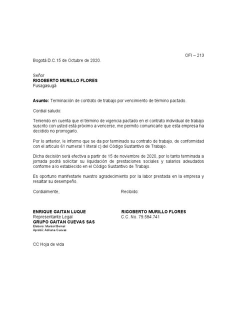 Modelo De Carta De Terminacion De Contrato Pdf