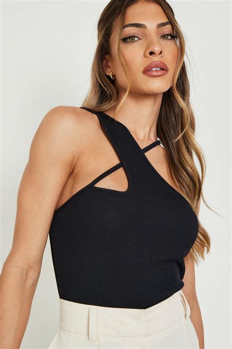 Rib Cut Out Asymmetric Bodysuit Boohoo