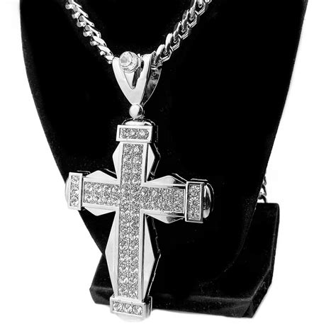 Mens Huge Flared Cross Fully Iced Pendant Cuban Link Hiphop Necklace