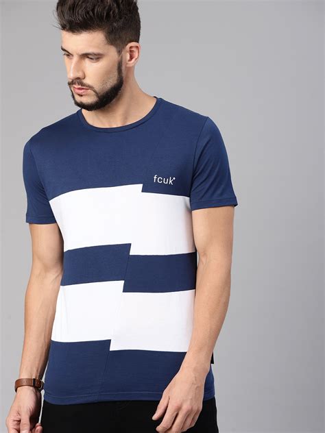 Buy French Connection Men Navy Blue White Striped Round Neck Pure Cotton T Shirt Tshirts For