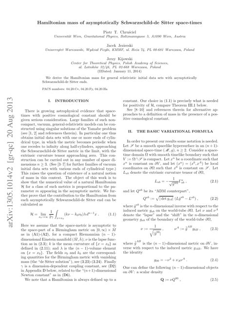 Pdf The Hamiltonian Mass Of Asymptotically Schwarzschild De Sitter