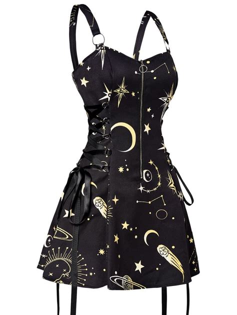 Sun Star Print Dress Half Zipper Lace Up High Waisted Strap A Line Mini