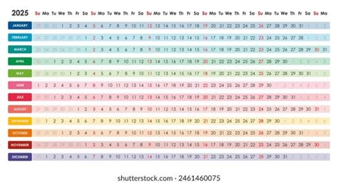 Linear Calendar 2025 Horizontal Color English Stock Vector Royalty Free 2461460075 Shutterstock