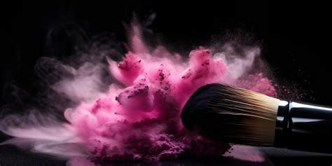 Premium Photo Cosmetic Brush In Cloud Of Pink Powder On Dark Background