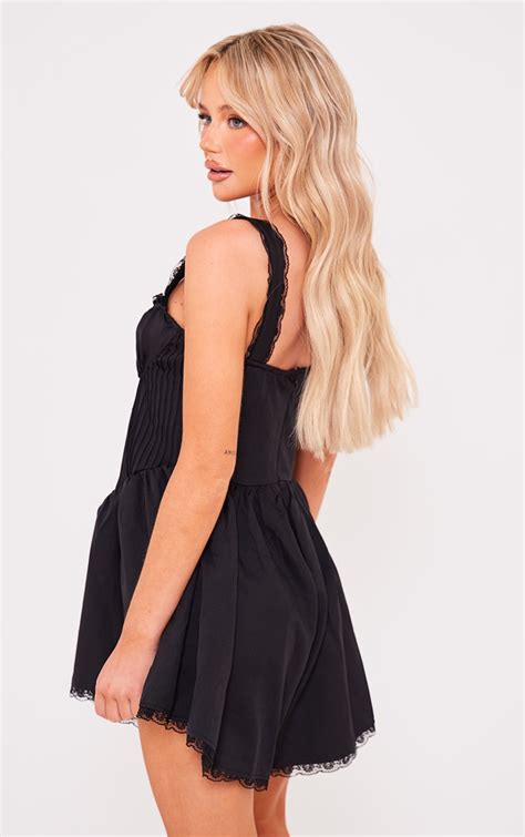 Black Woven Lace Detail Strappy Playsuit Jumpsuits And Playsuits Prettylittlething