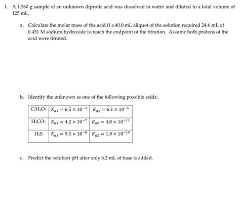 Solved A G Sample Of An Unknown Diprotic Acid Was Chegg