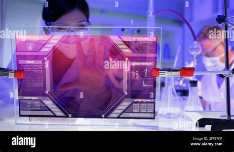 Medical Science Asian Female Scientist Touch Screen Graphics Human