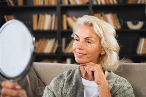 Love Yourself Beautiful Old Mature Woman Enjoying Mirror Reflection Senior Adult Older Lady