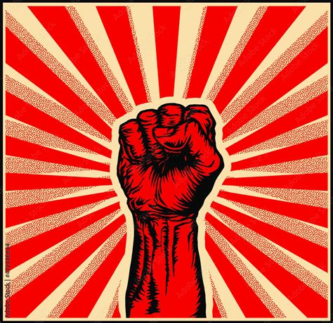 Vector Illustration Of Strong Raised Fist In A Ray Red Background In