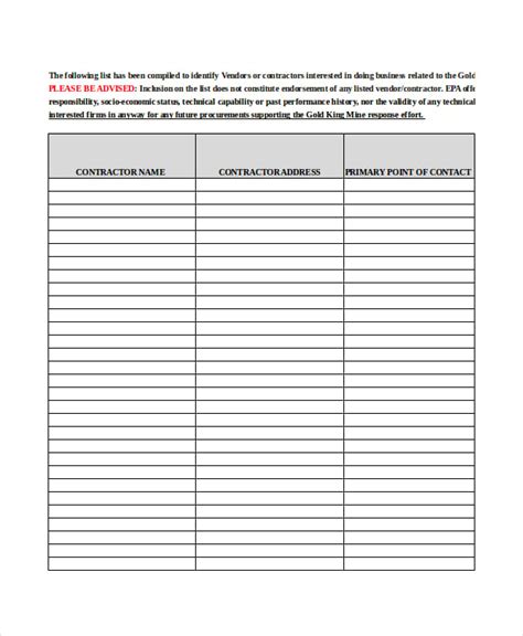 Vendor List Templates Pdf Doc Free Premium Templates