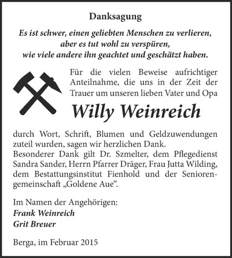 Traueranzeigen Von Willy Weinreich Abschied Nehmen De