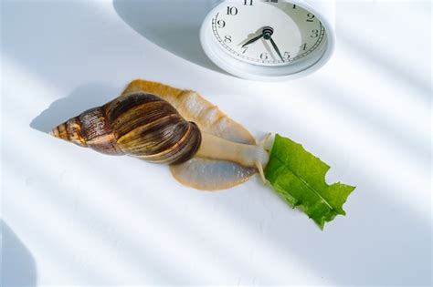 Premium Photo White Achatina Snail With Dark Shell Crawling Near