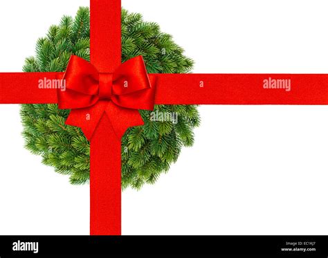 red ribbon bow with christmas wreath isolated on white background Stock ...