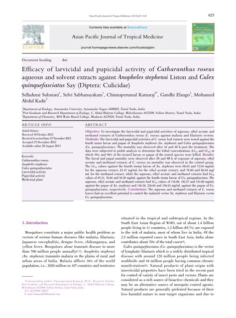 Pdf Efficacy Of Larvicidal And Pupicidal Activity Of Catharanthus