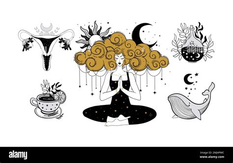 Meditating Mystical Boho Woman Witch Linear Sticker Set Female Uterus