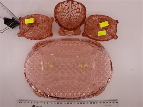 Lot Pink Depression Glass Duchess Set Tray 2 Lidded Trinket Boxes And A Vase